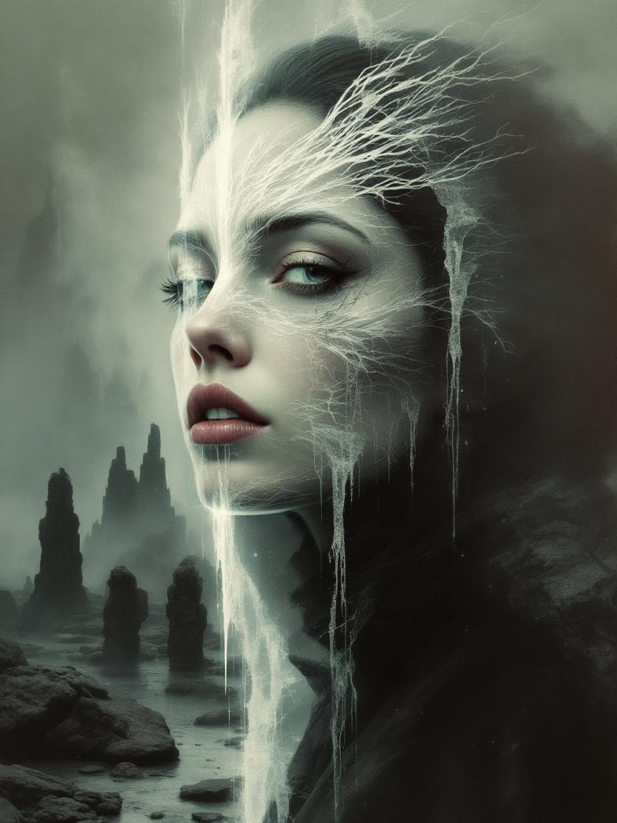 Haunting Woman with Frost Patterns in Dark Landscape