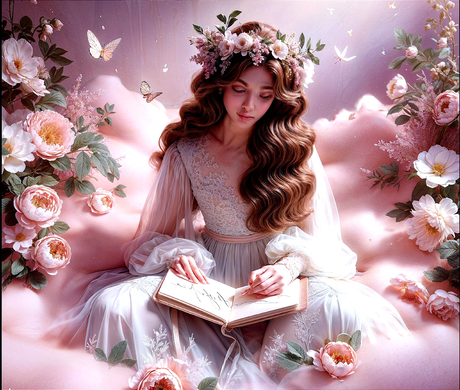 Serene Scene of a Woman Writing Among Flowers and Butterflies