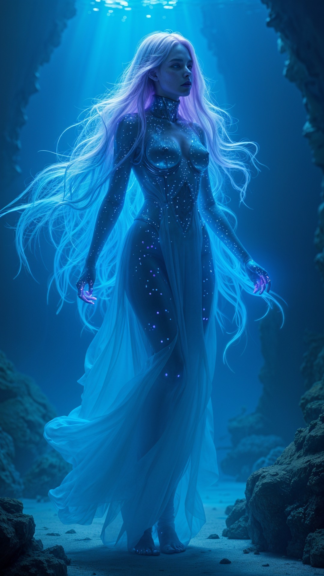Underwater Scene with Luminescent Figure and Gown