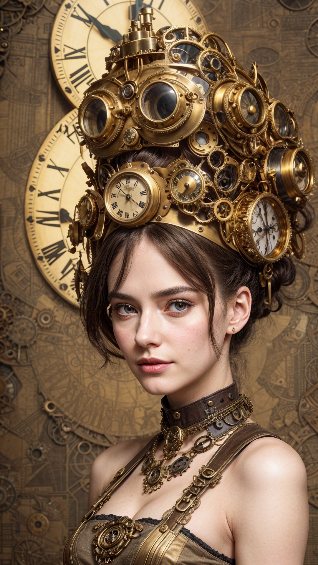 Steampunk-Inspired Headpiece with Clocks and Gears