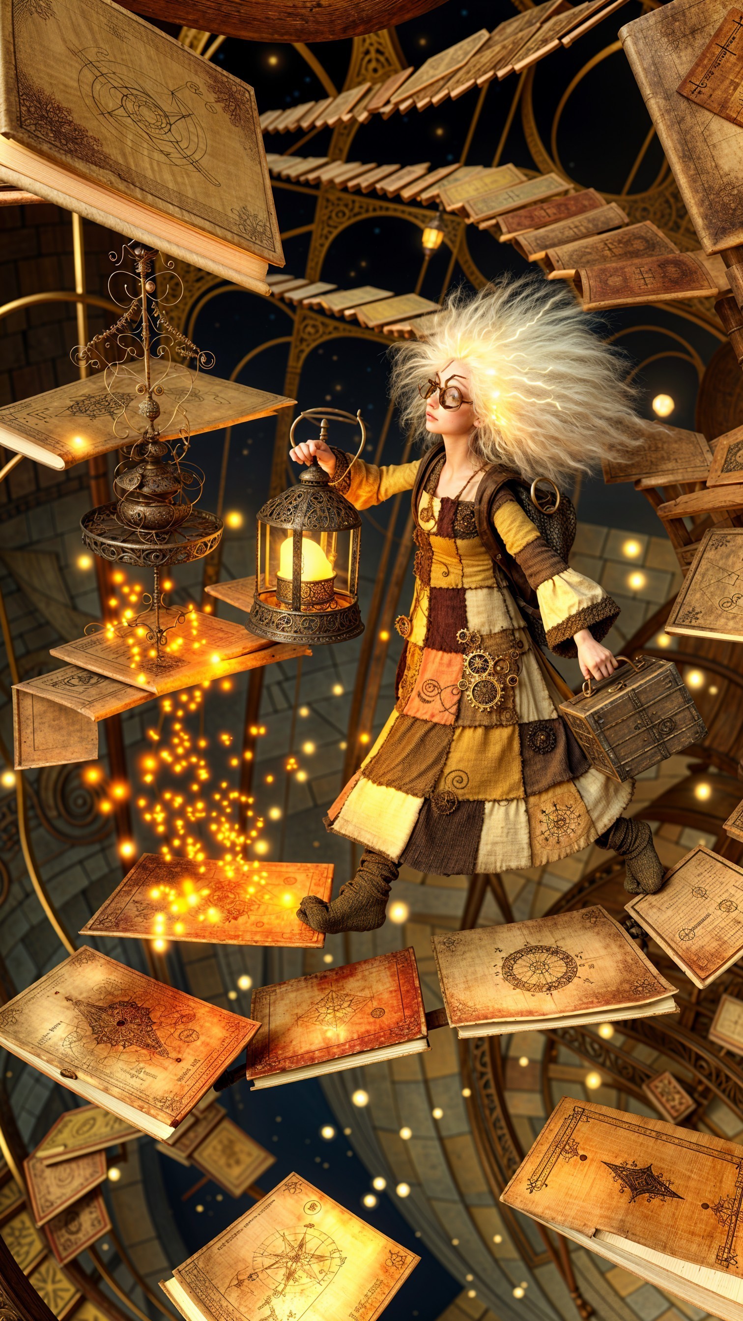 Whimsical Character in a Magical Library Setting