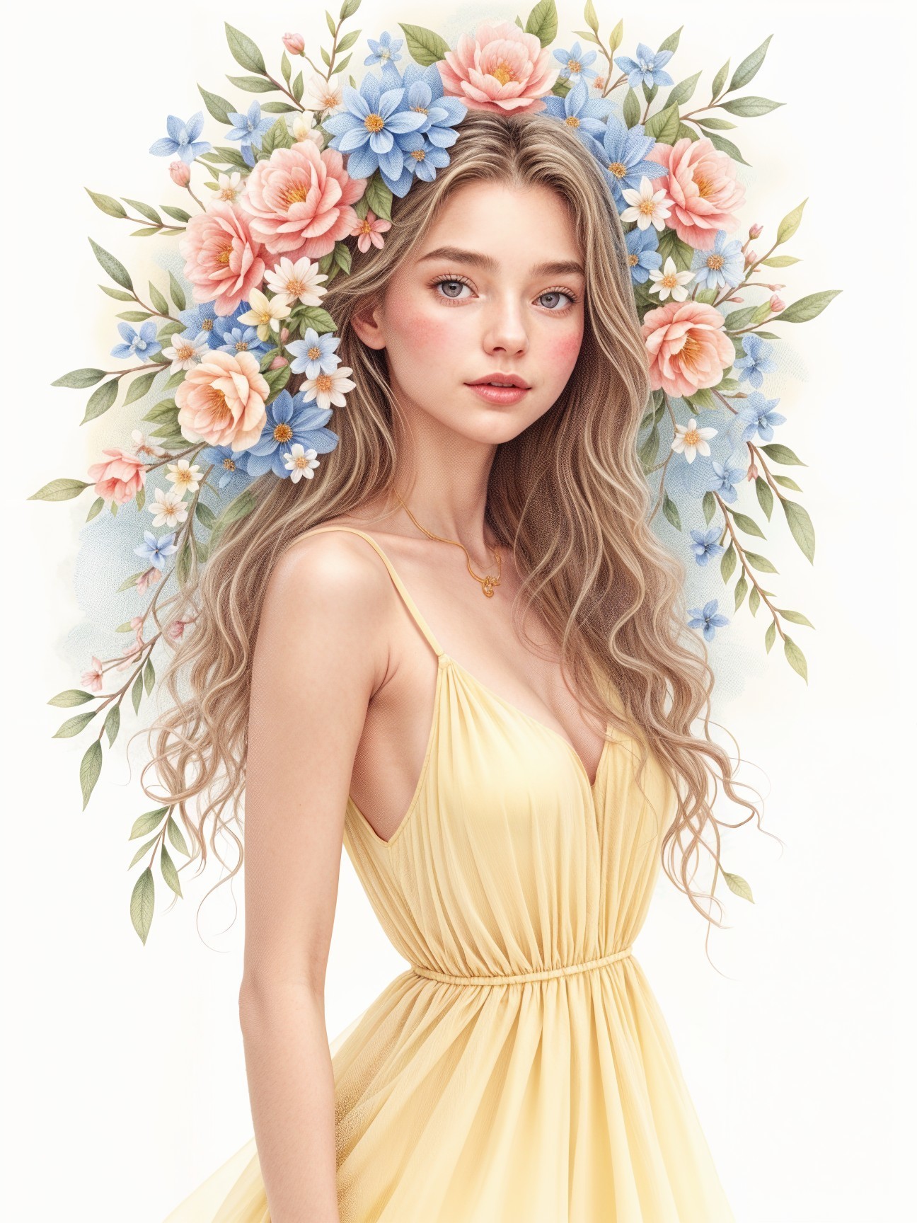 Young woman in yellow dress with floral arrangement