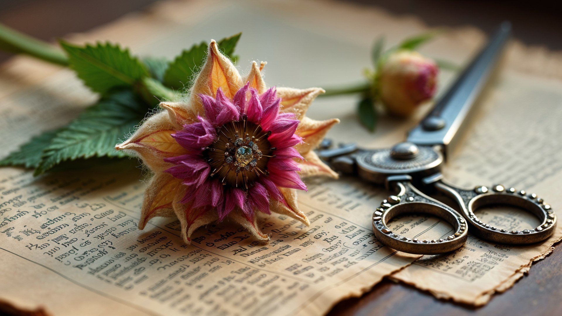 Close-up of Unique Flower on Vintage Newspaper Clippings