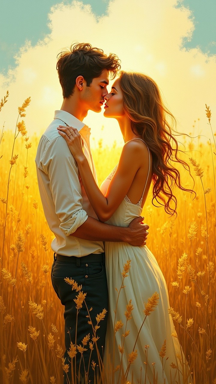 Young Couple Embraced in Golden Wheat Field at Sunset