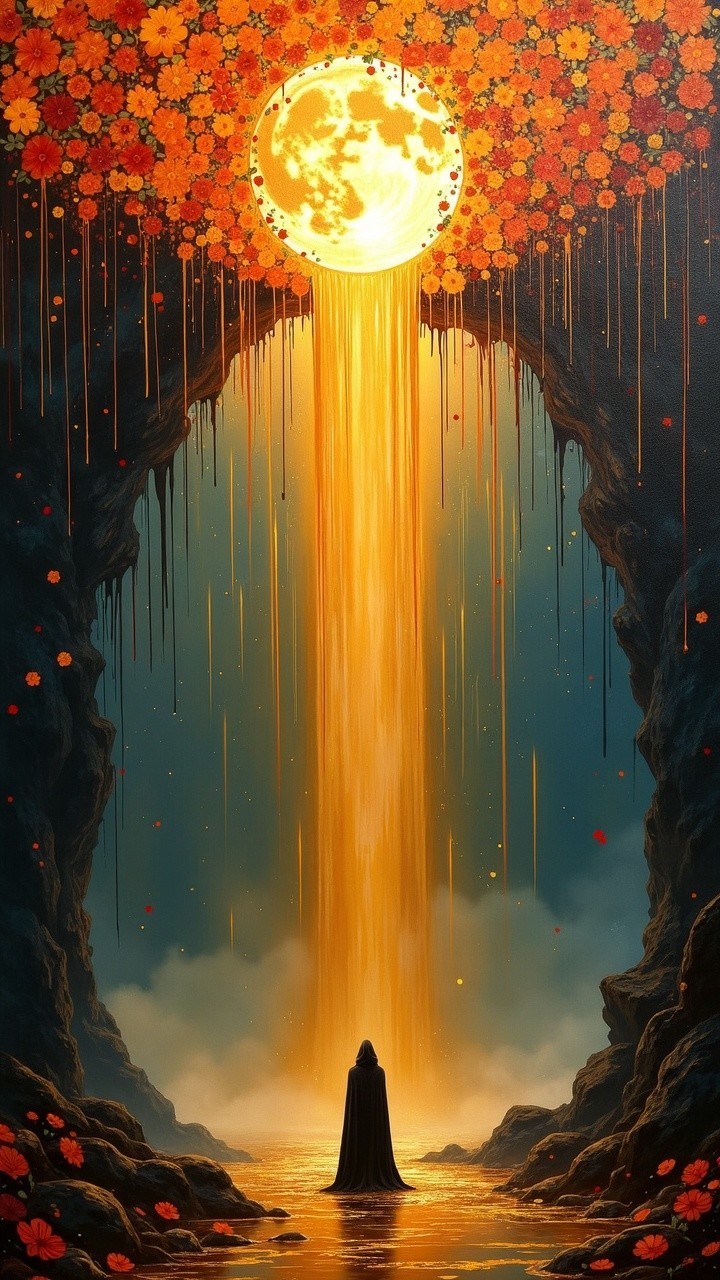 Mystical Cave Scene with Luminous Sun and Waterfall