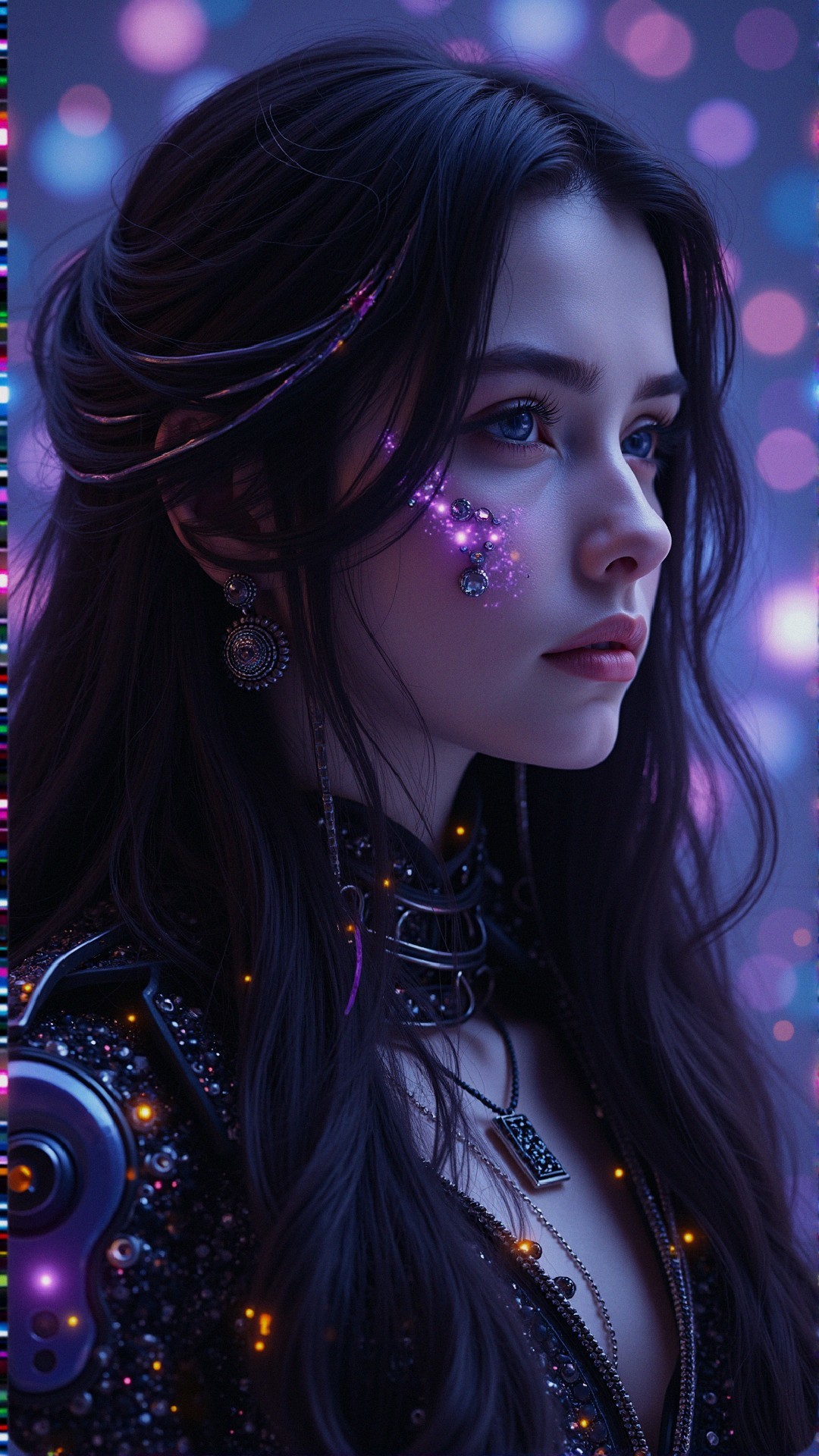 Young woman with glowing hair and jeweled face in vibrant colors