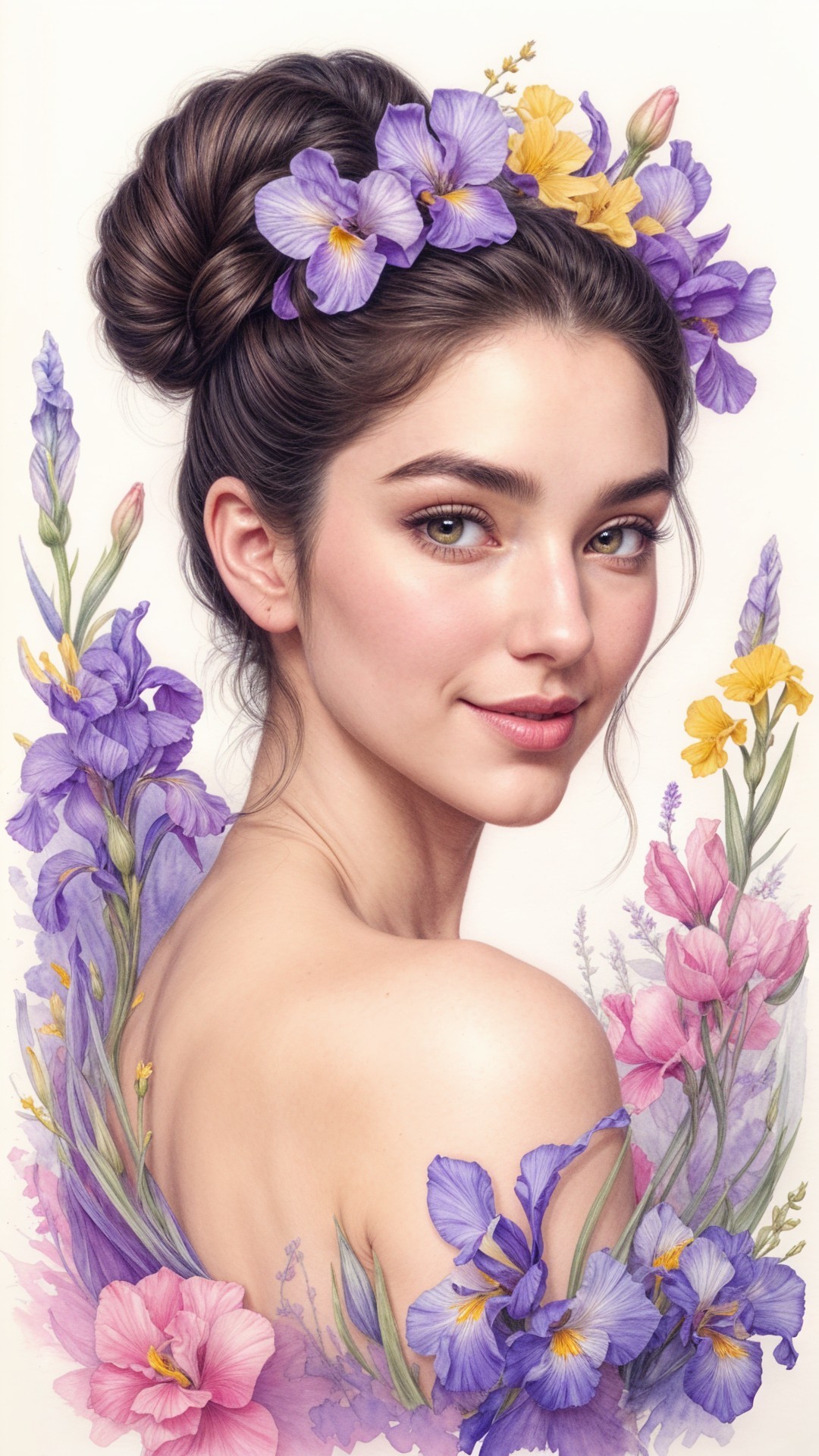 Young Woman Surrounded by Colorful Floral Blooms