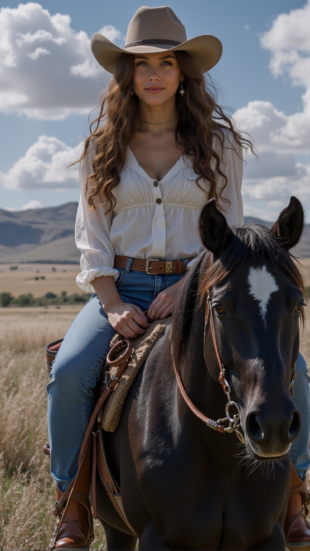 Young Woman on Black Horse in Serene Countryside