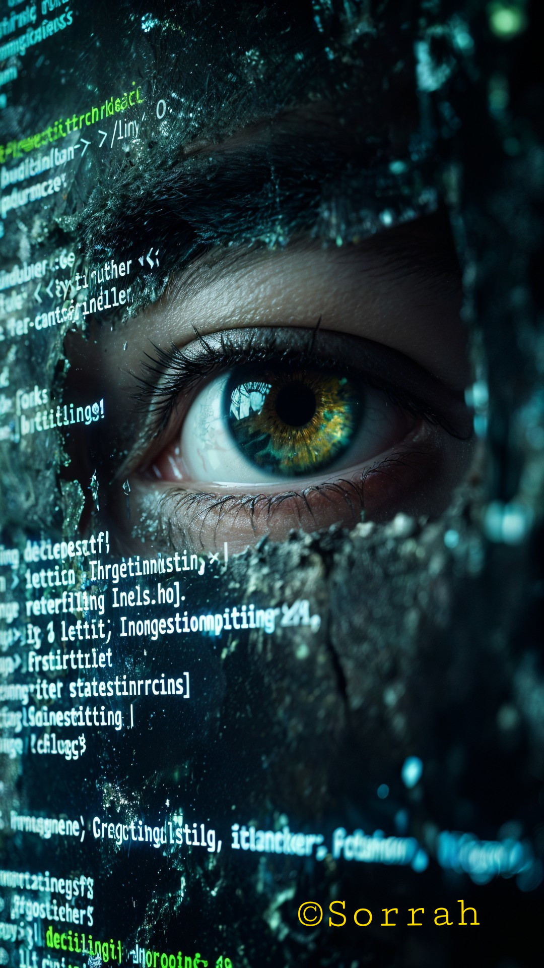 Close-Up of Human Eye in Digital Code Matrix