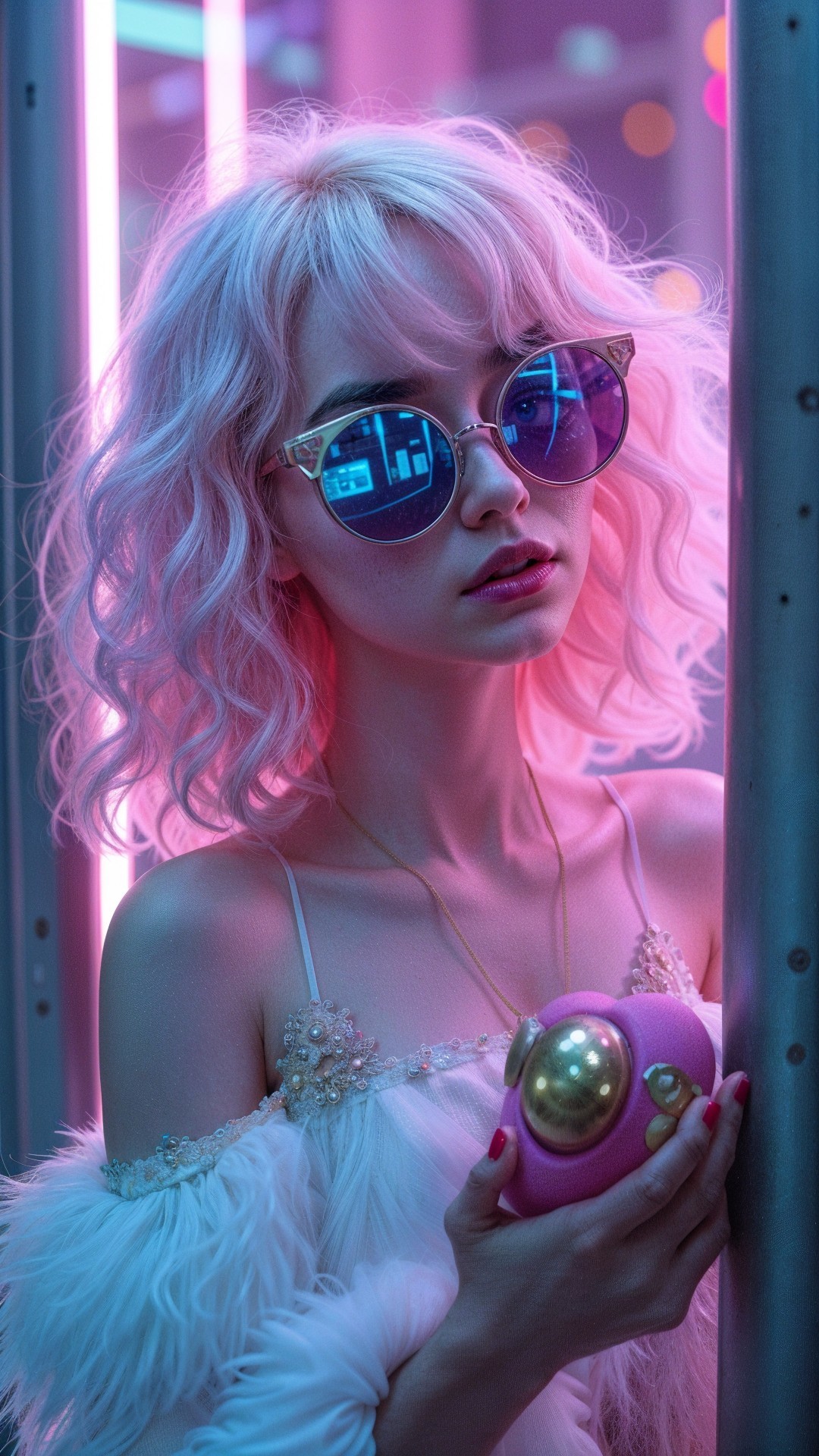 Young woman with pastel pink curls in neon setting