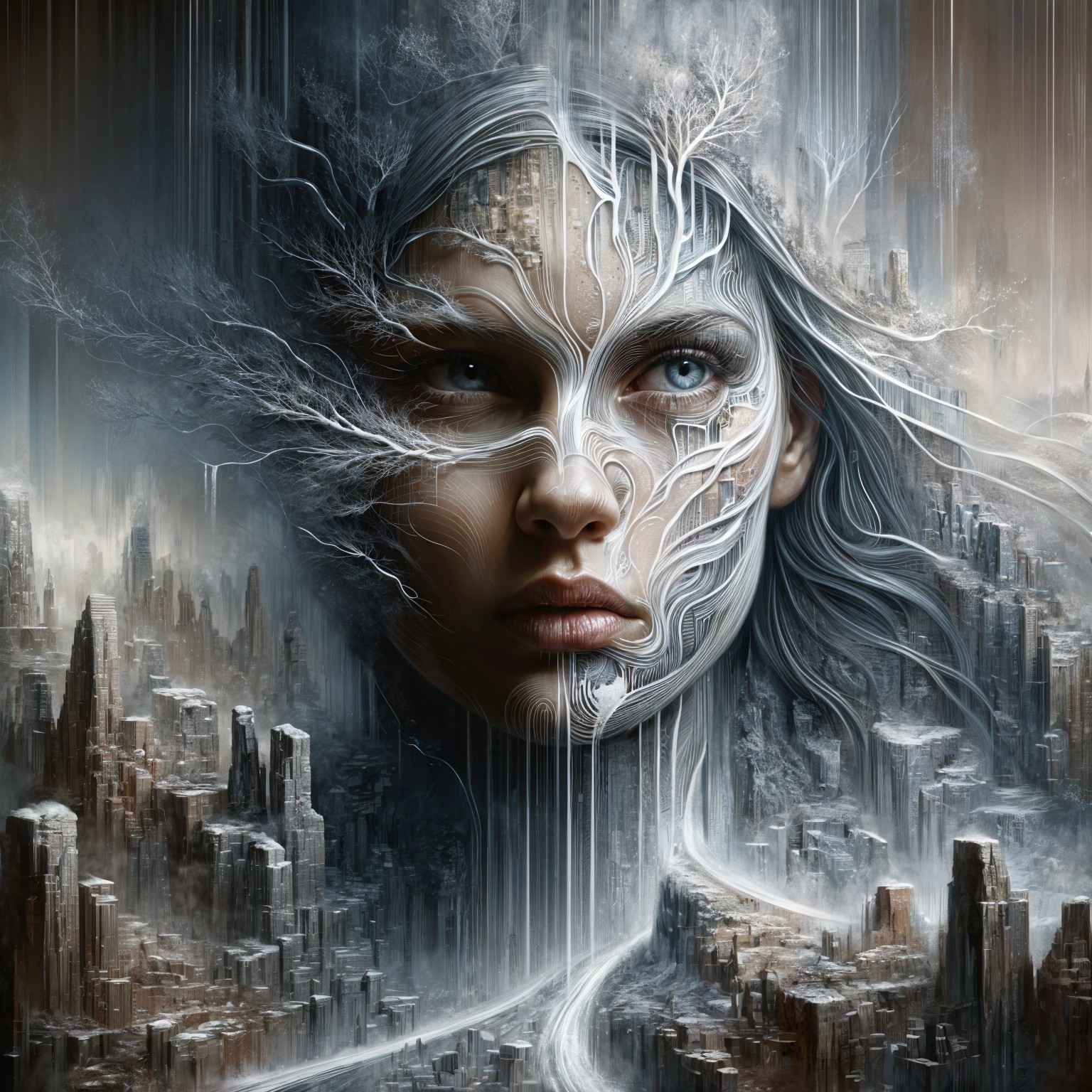 Surreal Portrait of Woman Merging with Nature Patterns