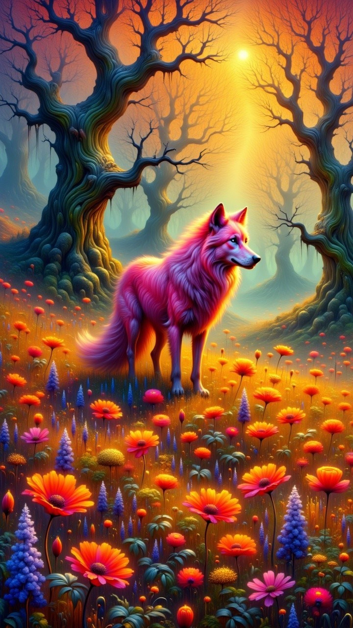 Pink Wolf in a Colorful Flower Field Landscape