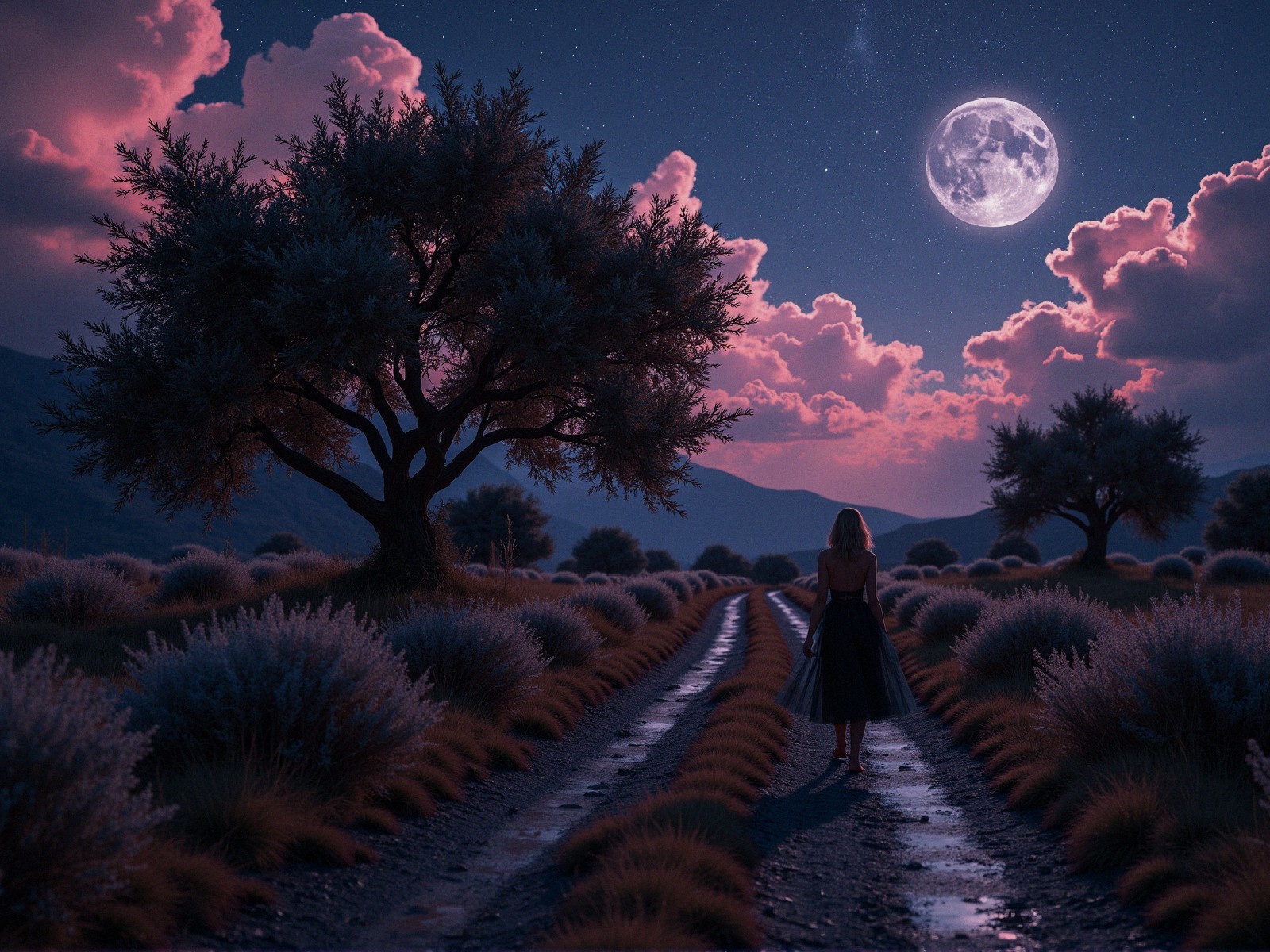 Serene Nighttime Scene with Moonlit Path and Vegetation
