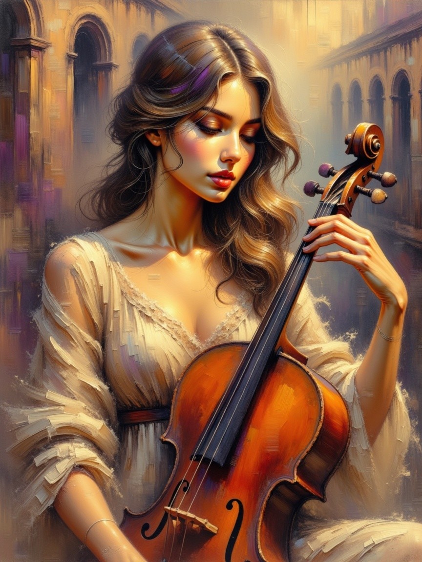 Young woman playing violin in elegant setting