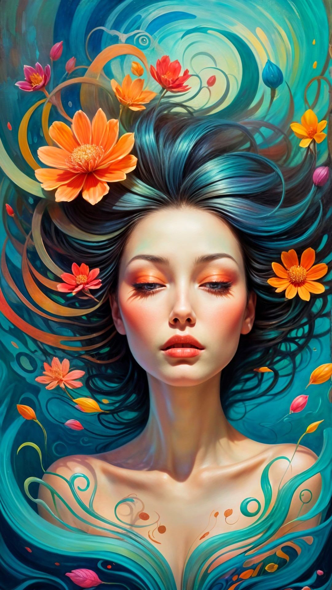 Serene Female Figure with Blue Hair and Flowers