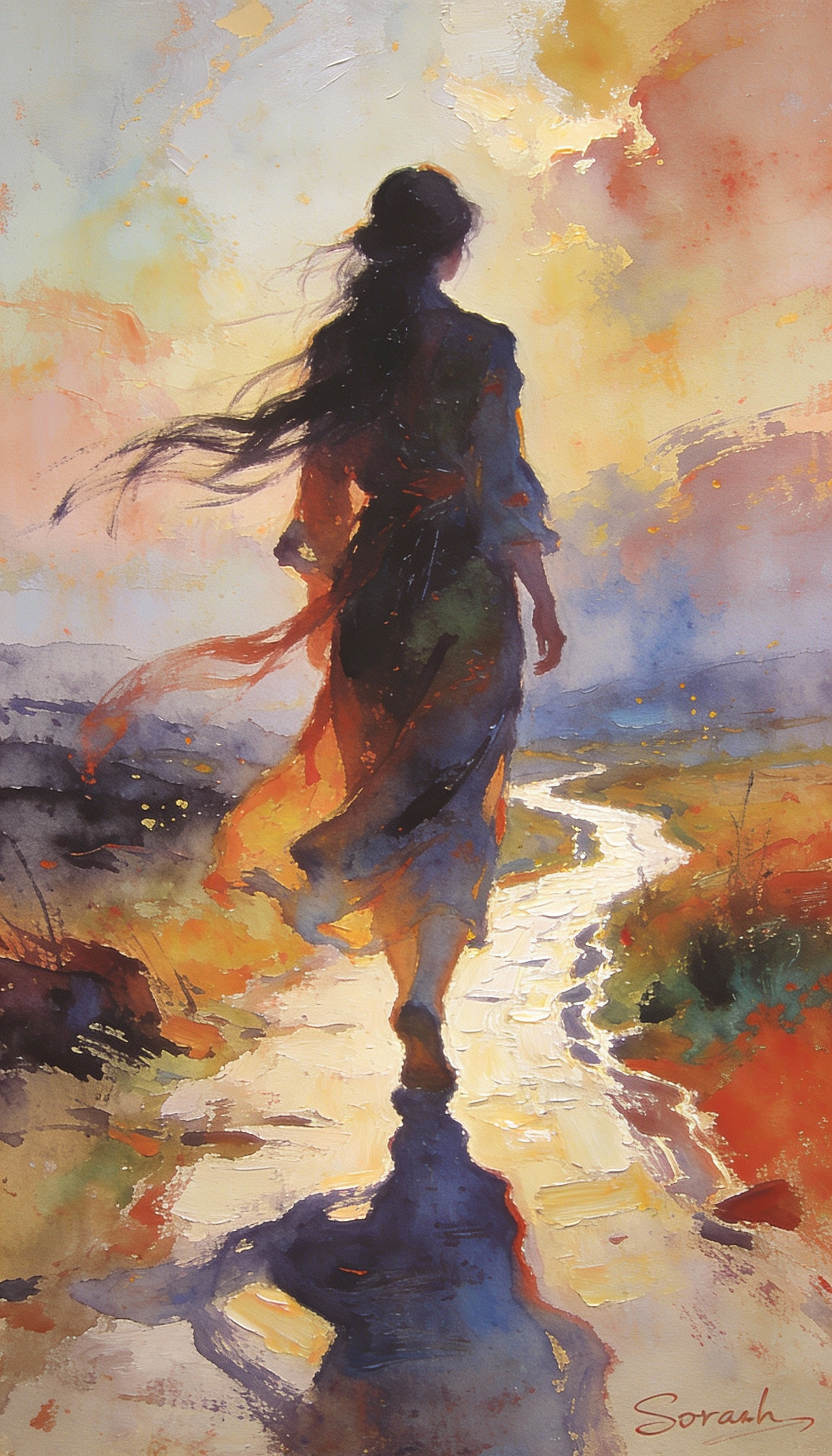 Vibrant Oil Painting of a Woman on a Winding Pathway