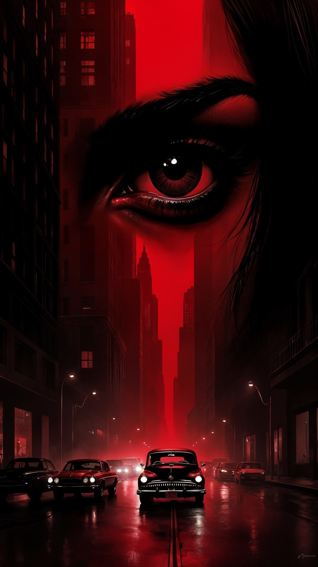 Moody Red-Hued Cityscape with Dominant Eye Feature
