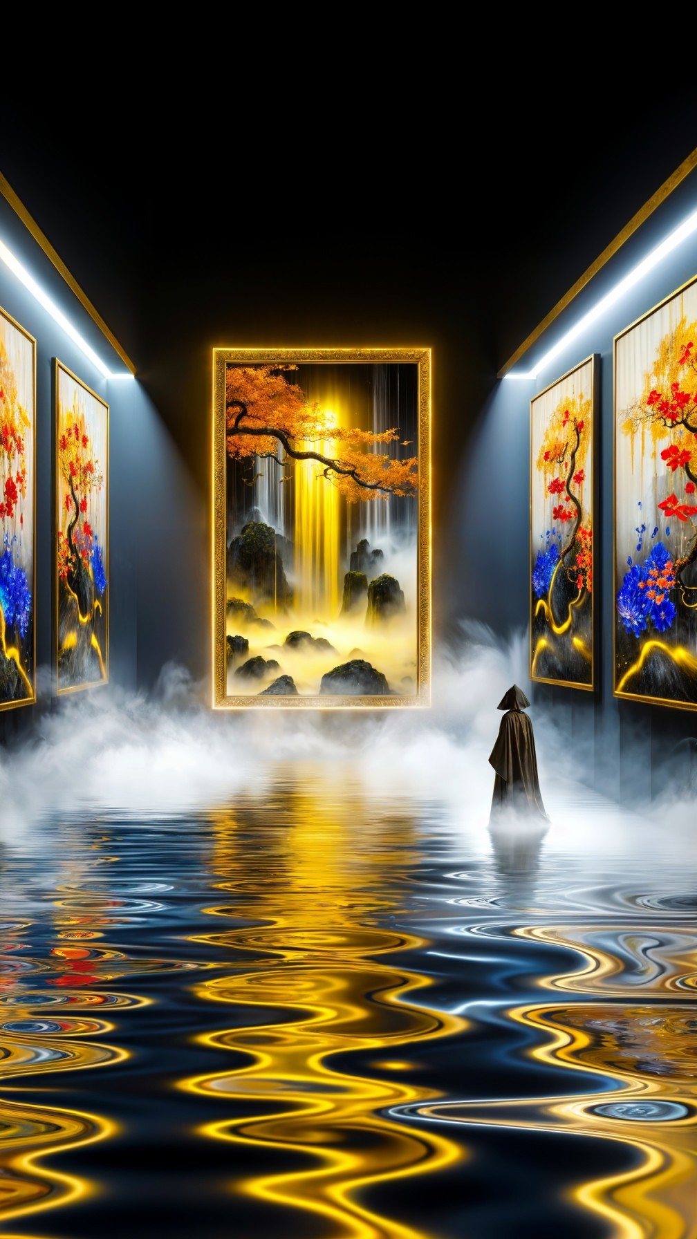 Surreal Gallery with Cloaked Figure and Glowing Art