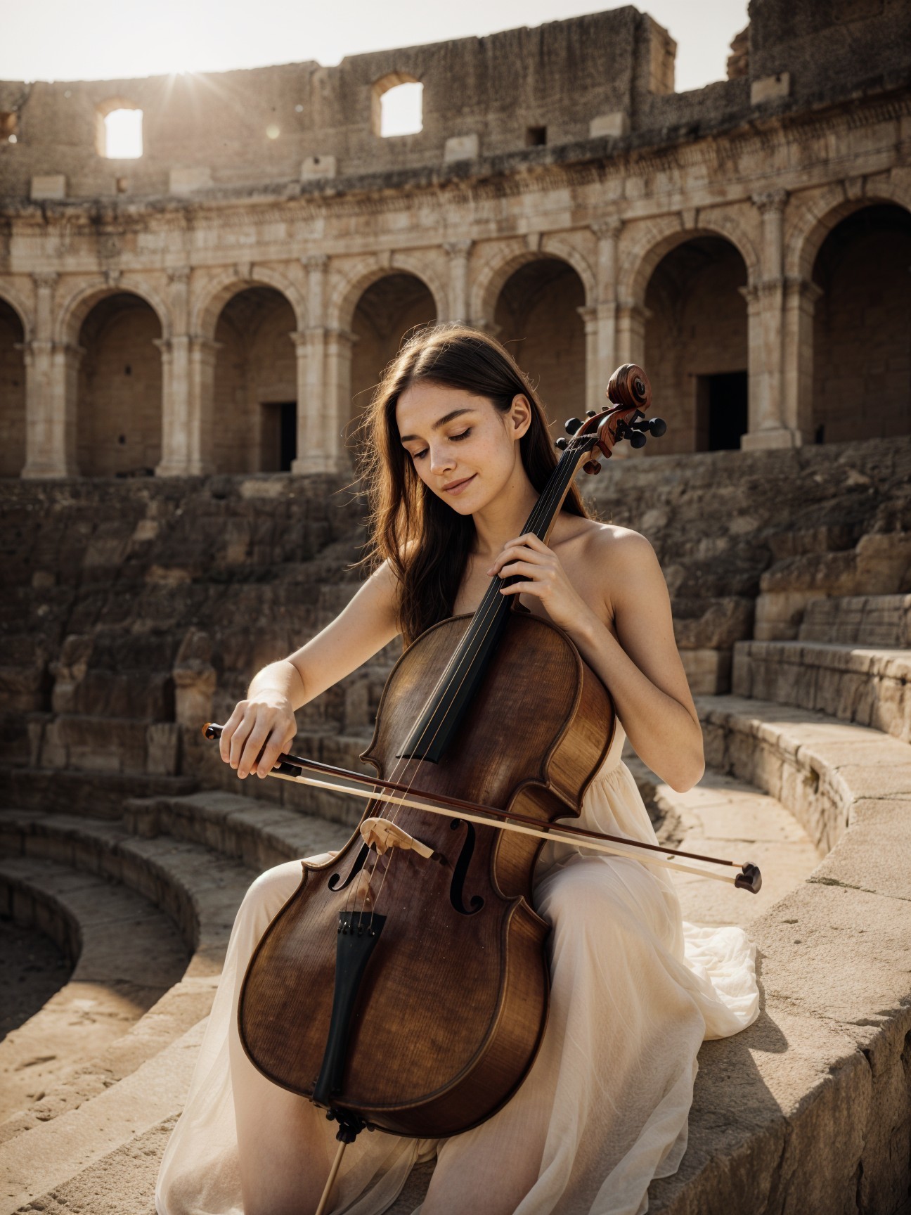 Young Woman Playing Cello in Ancient Amphitheater