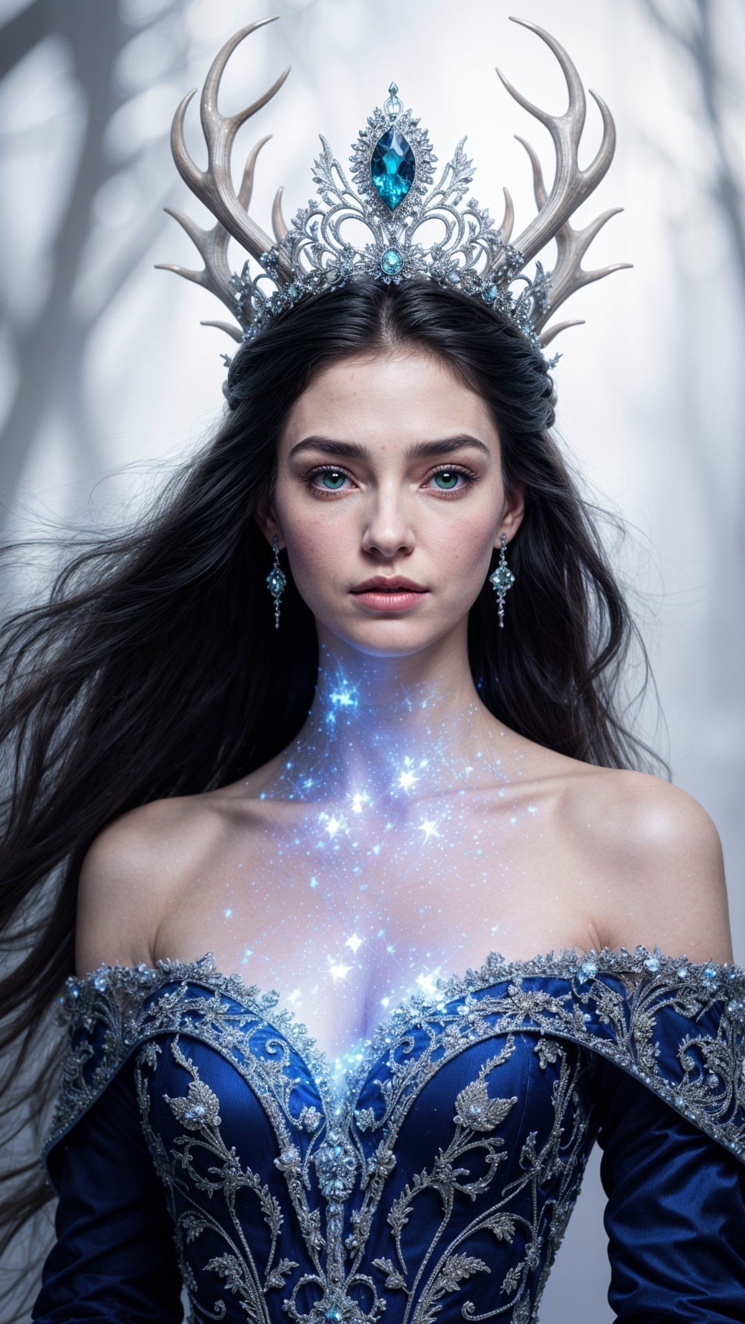 Mystical figure in a forest with shimmering crown