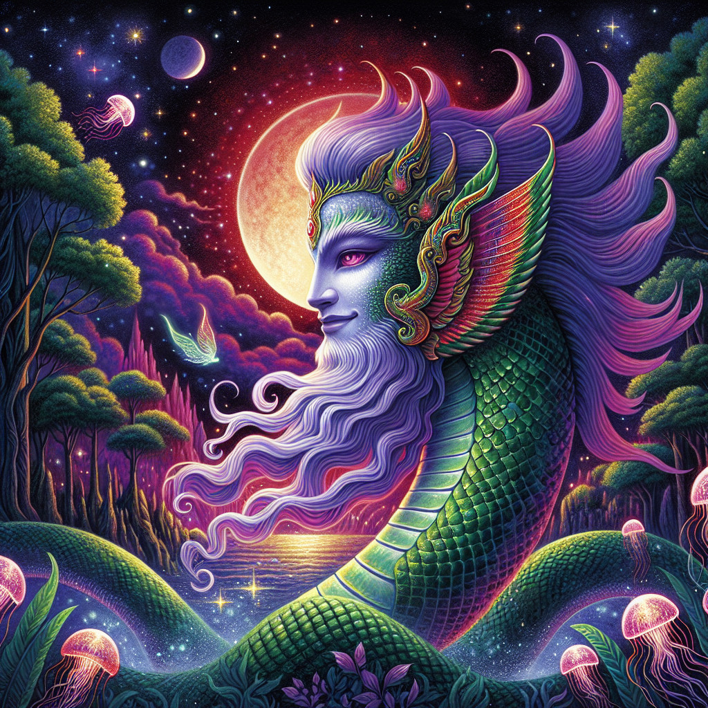 Majestic merfolk in a mystical night landscape