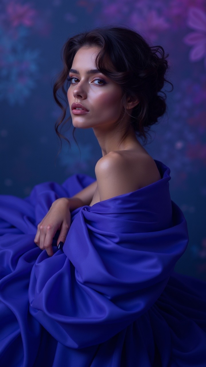 Woman in Purple Fabric with Floral Background