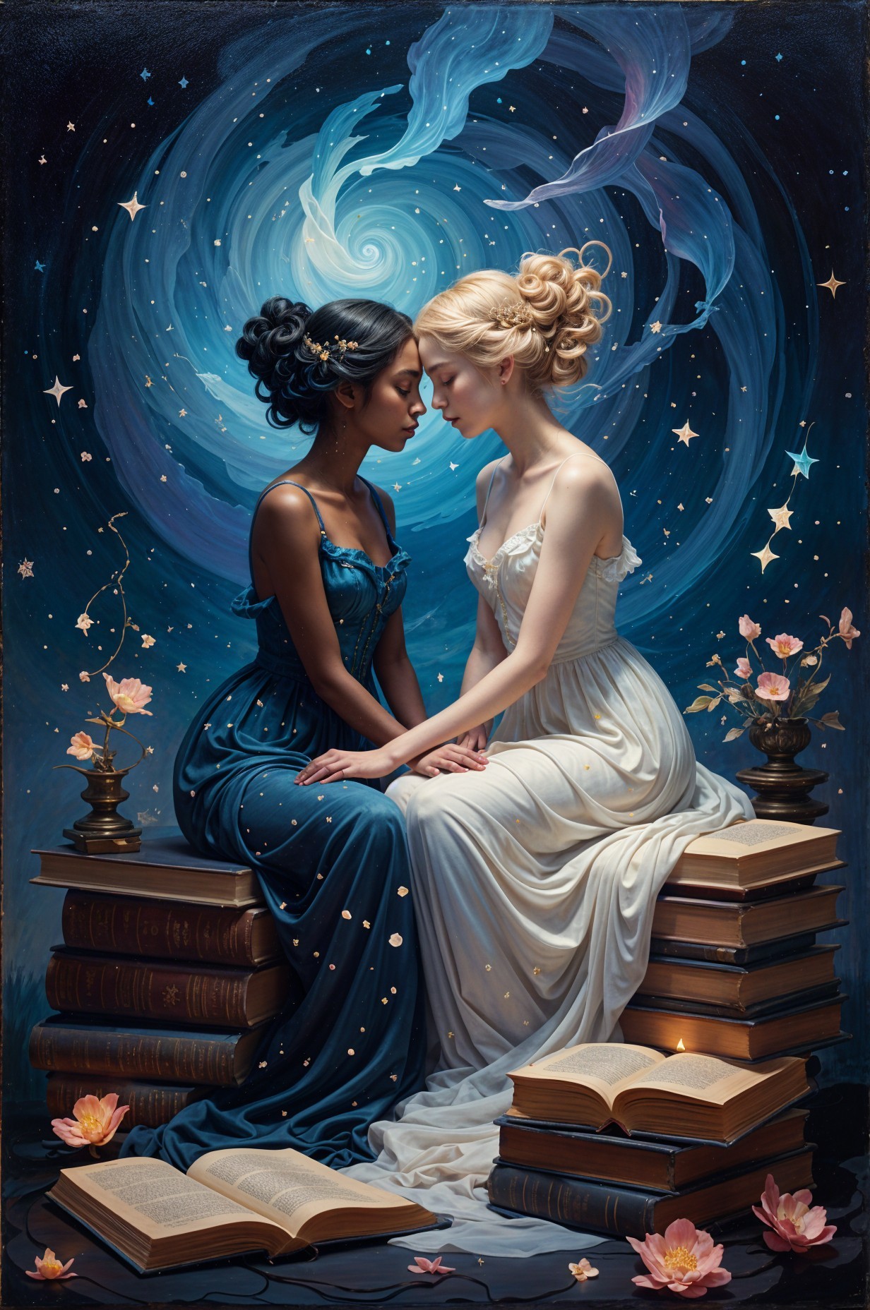 Elegant women in gowns amid cosmic book setting