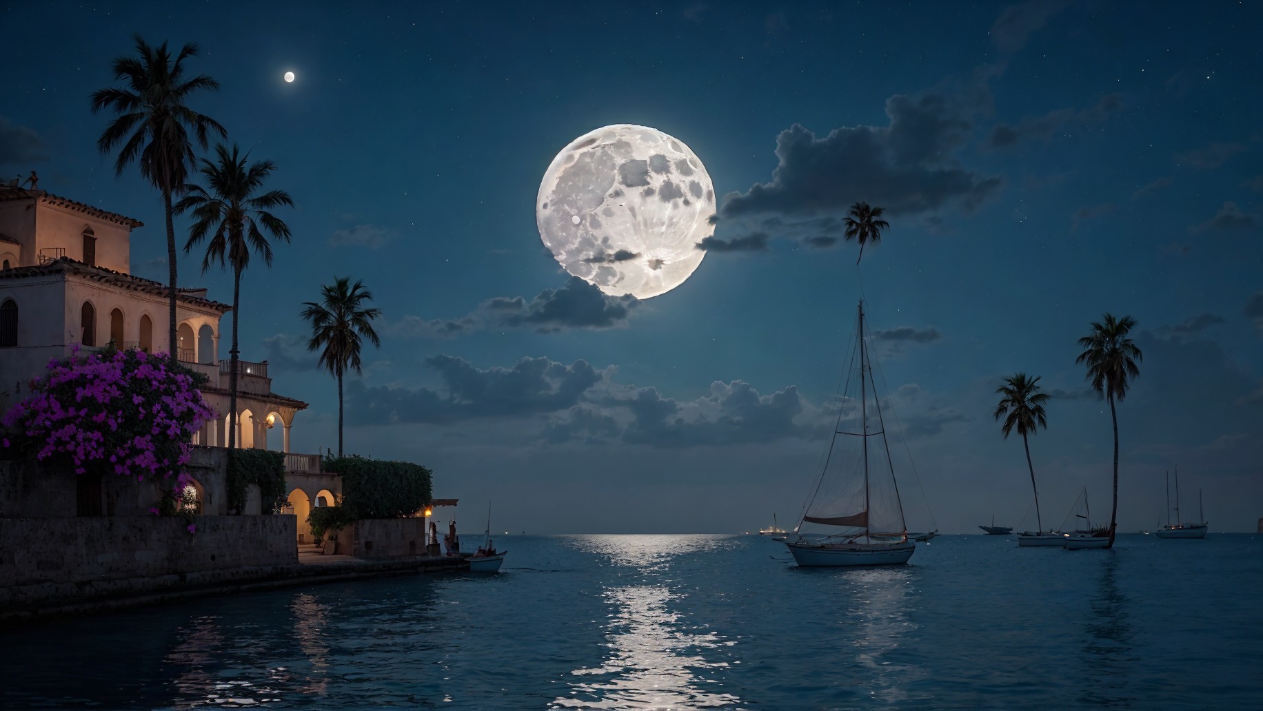 Tranquil Night Seascape with Full Moon and Villa