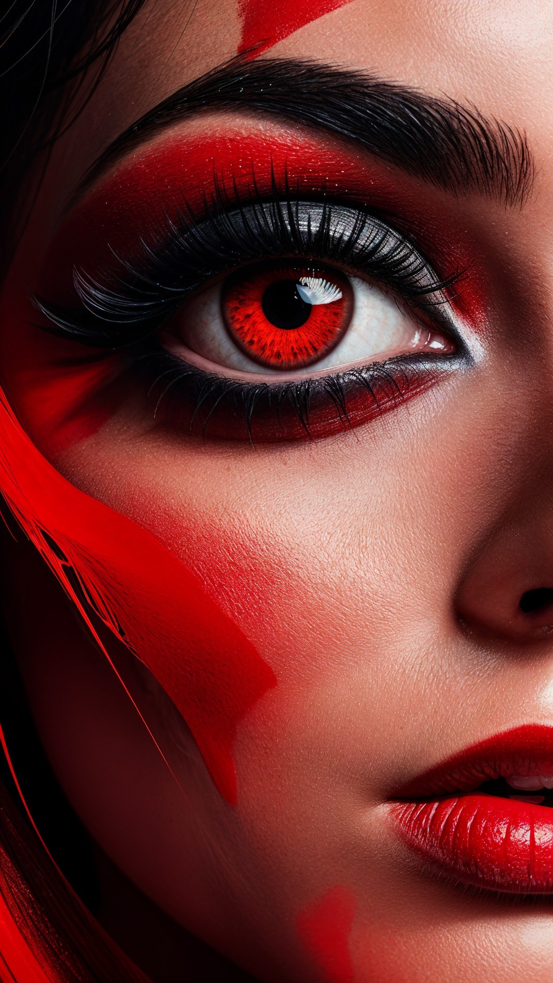 Close-Up of Eye with Red Sclera and Dramatic Makeup