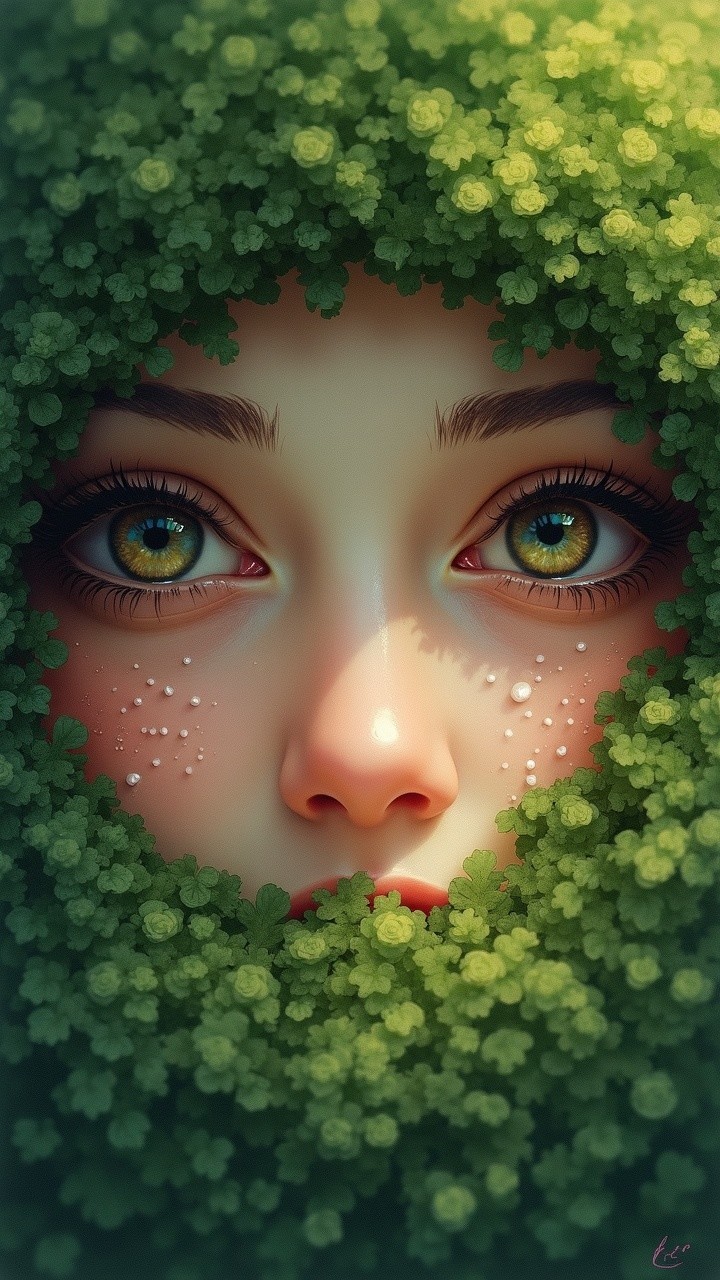 Close-up of a woman's face with green foliage backdrop