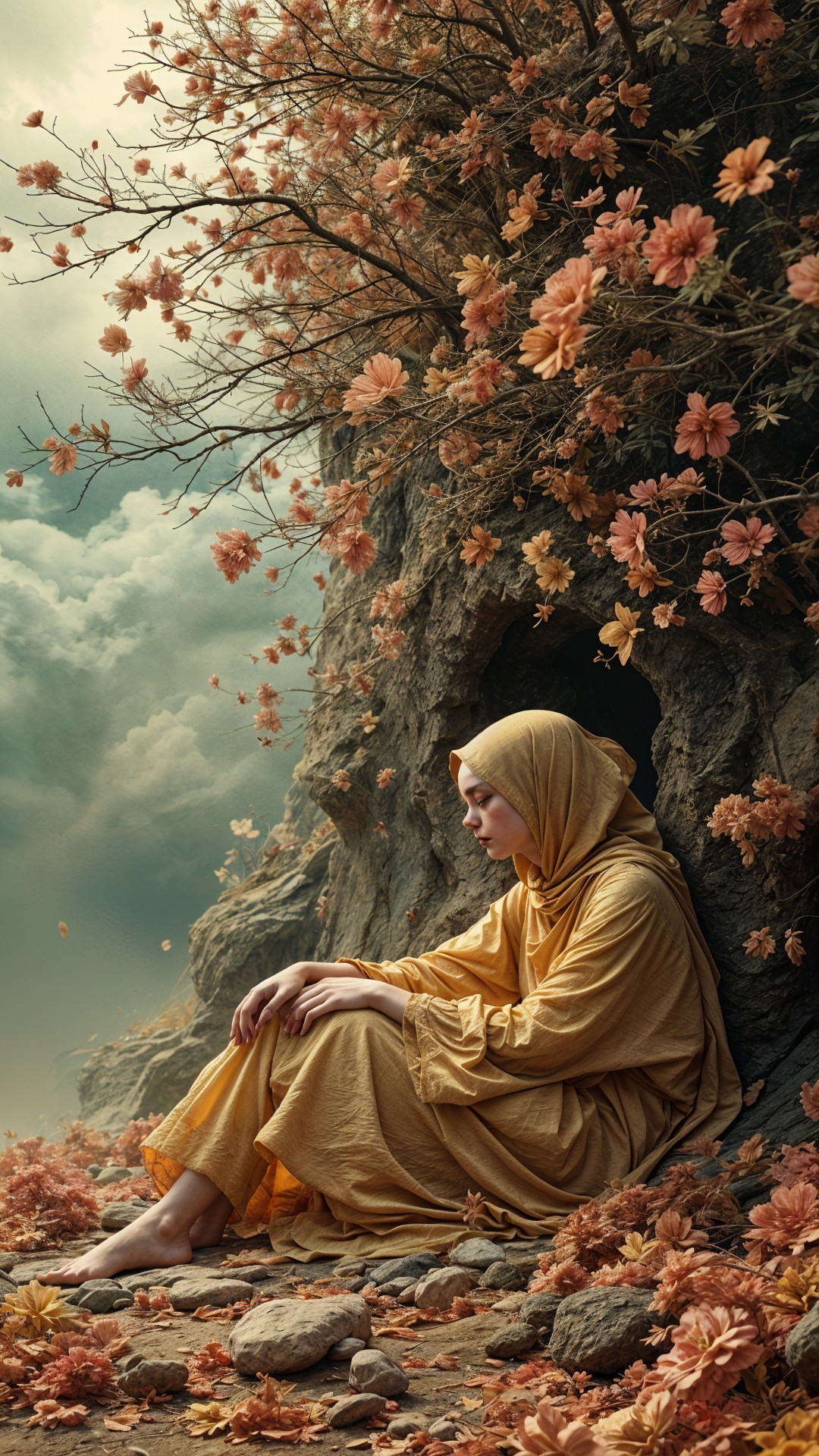 Serene Woman in Golden Robe in Mystical Landscape