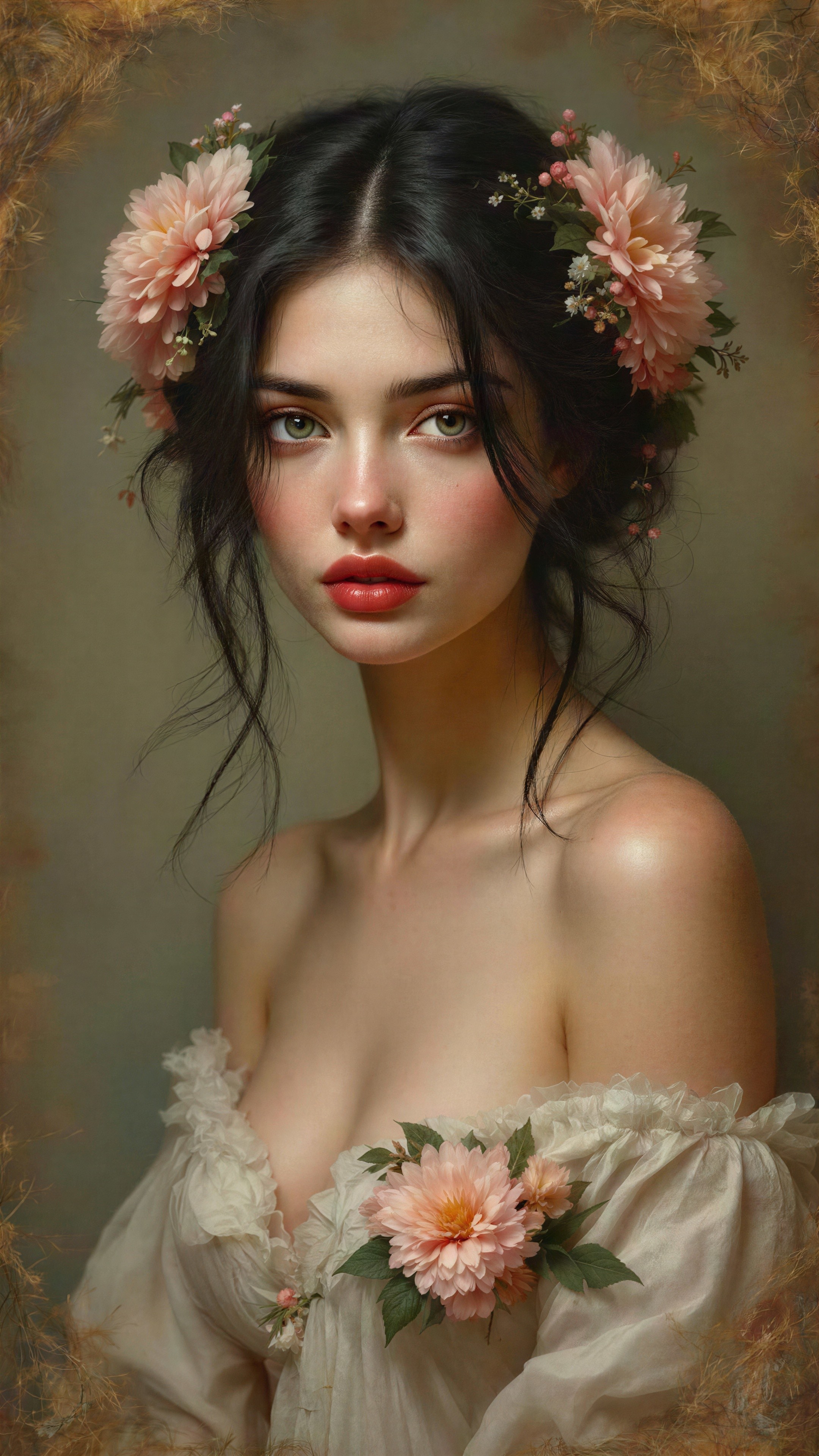 Fantasy portrait of a woman in cream dress with flowers