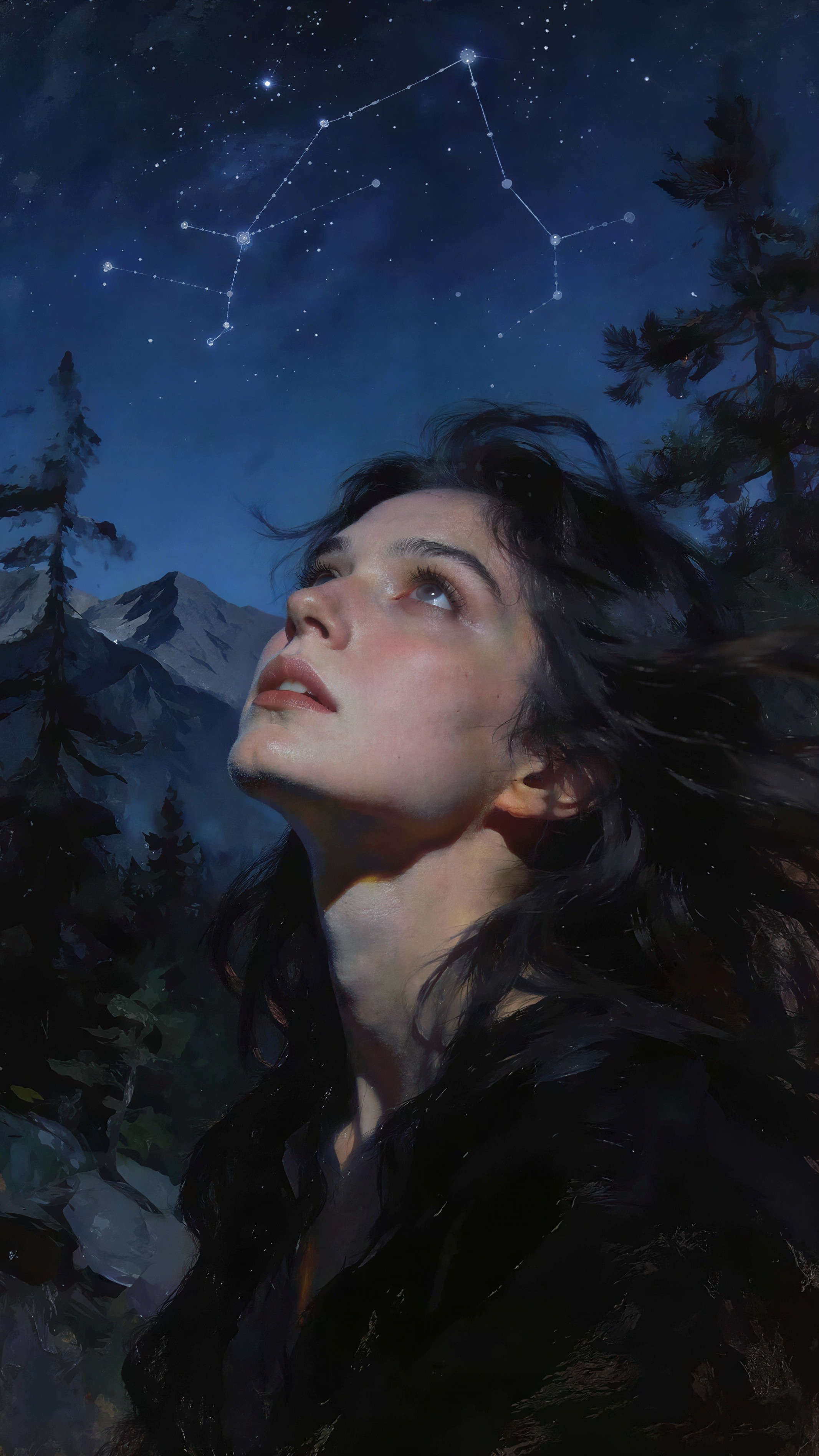 Oil Painting of Young Woman Under Starry Night Sky