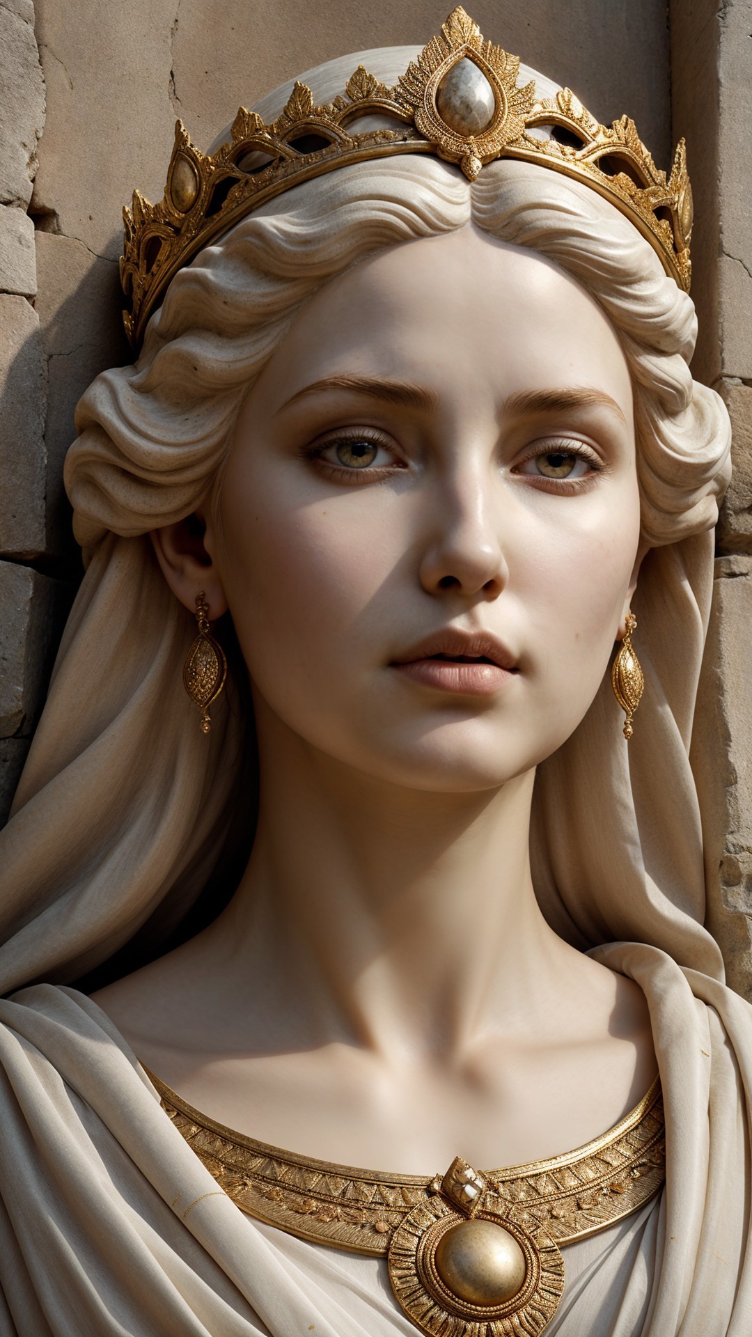 Regal Woman in Crown and Elegant Gown with Backdrop