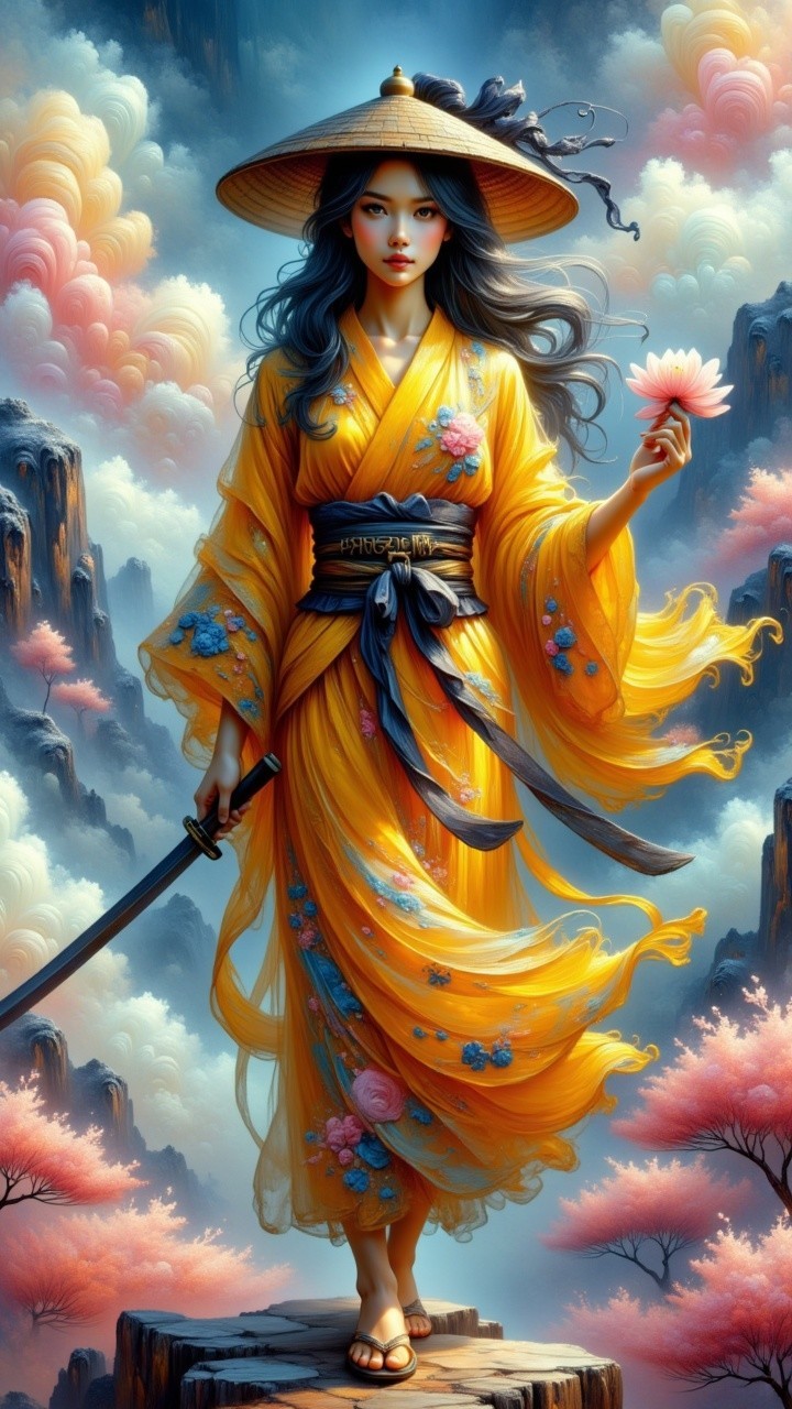 Serene figure in yellow kimono with lotus and sword