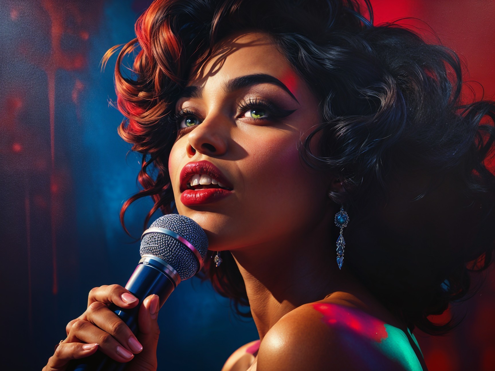 Glamorous Woman with Curly Hair and Microphone