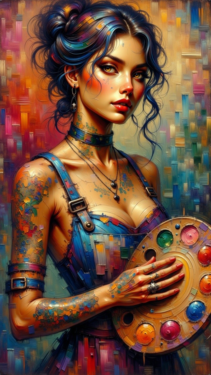 Young woman with tattoos and blue hair in denim apron
