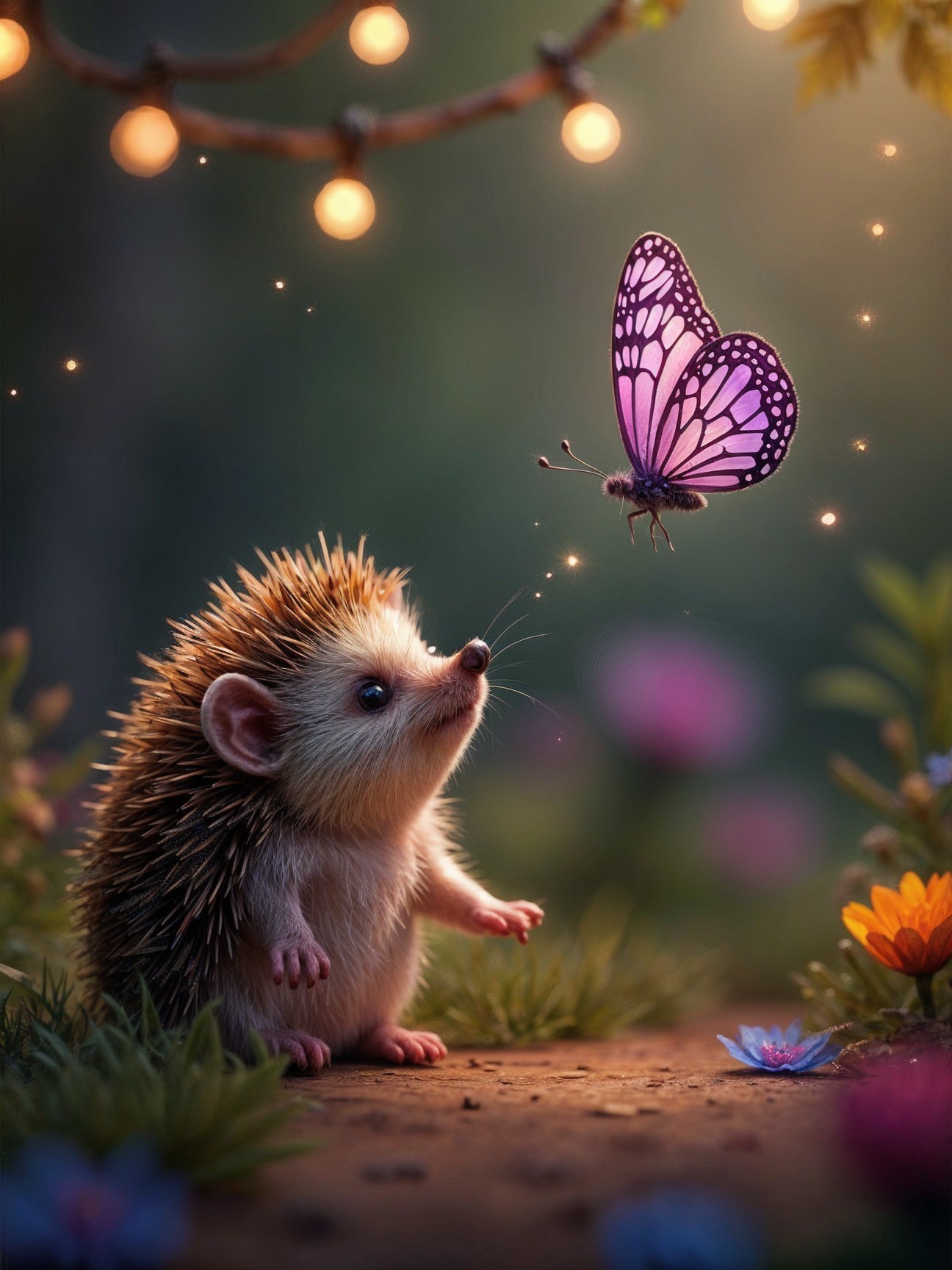Hedgehog and Butterfly in a Colorful Flower Field