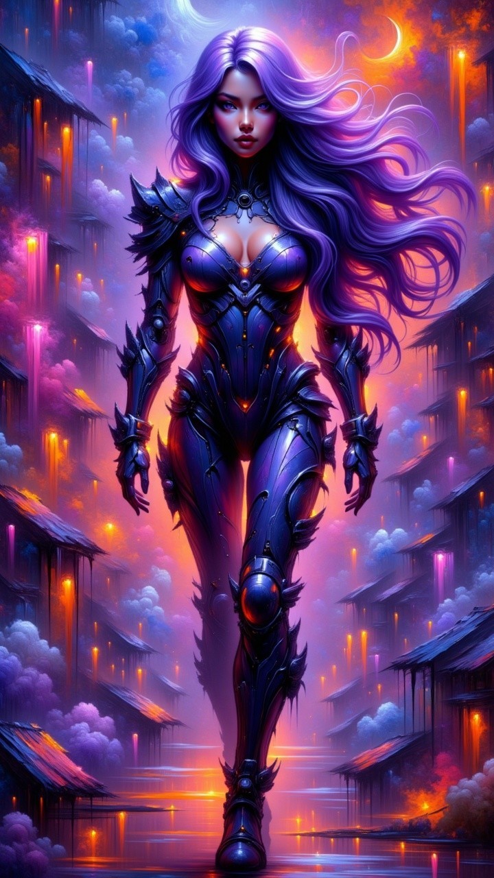 Warrior Woman in Reflective Armor with Purple Hair
