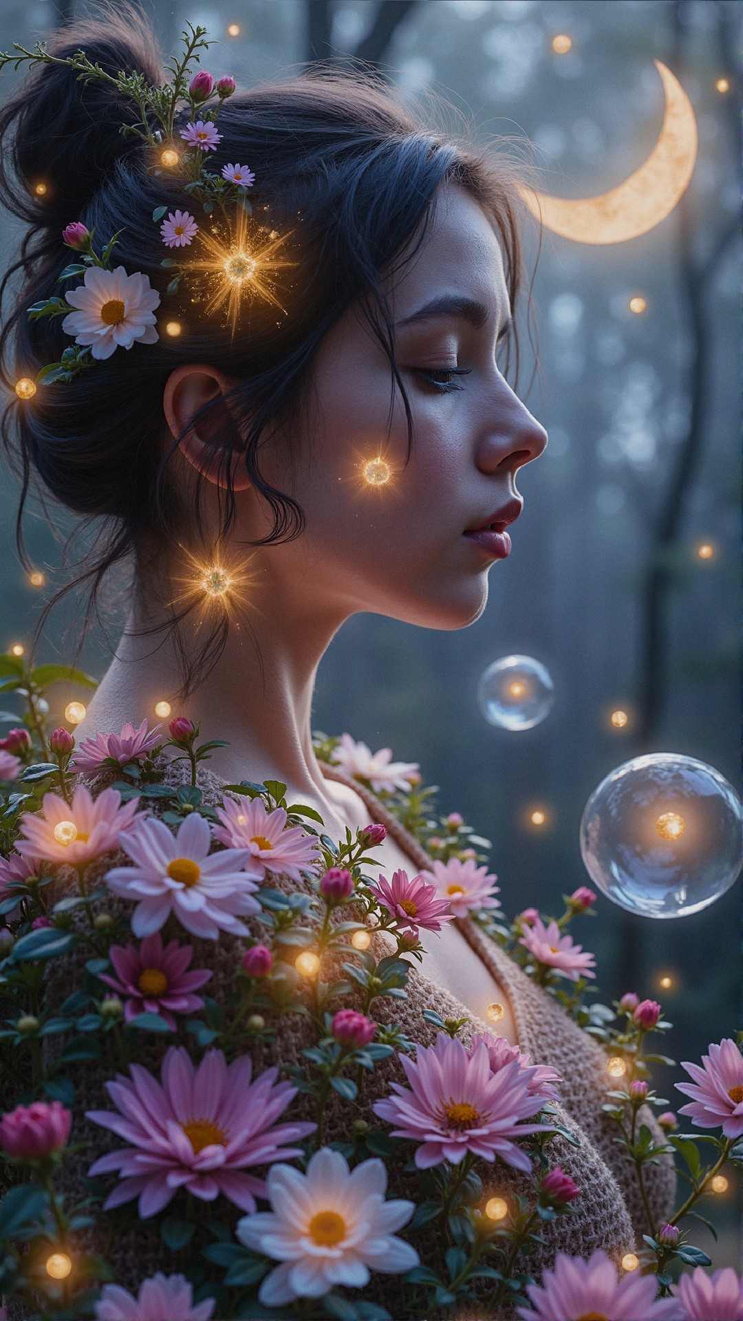 Young Woman Surrounded by Pink Daisies and Stars