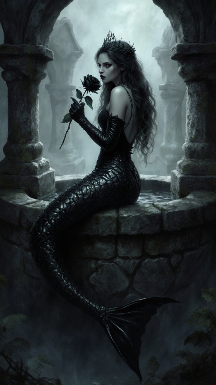 Mermaid on a Stone Archway in Moonlit Ruins