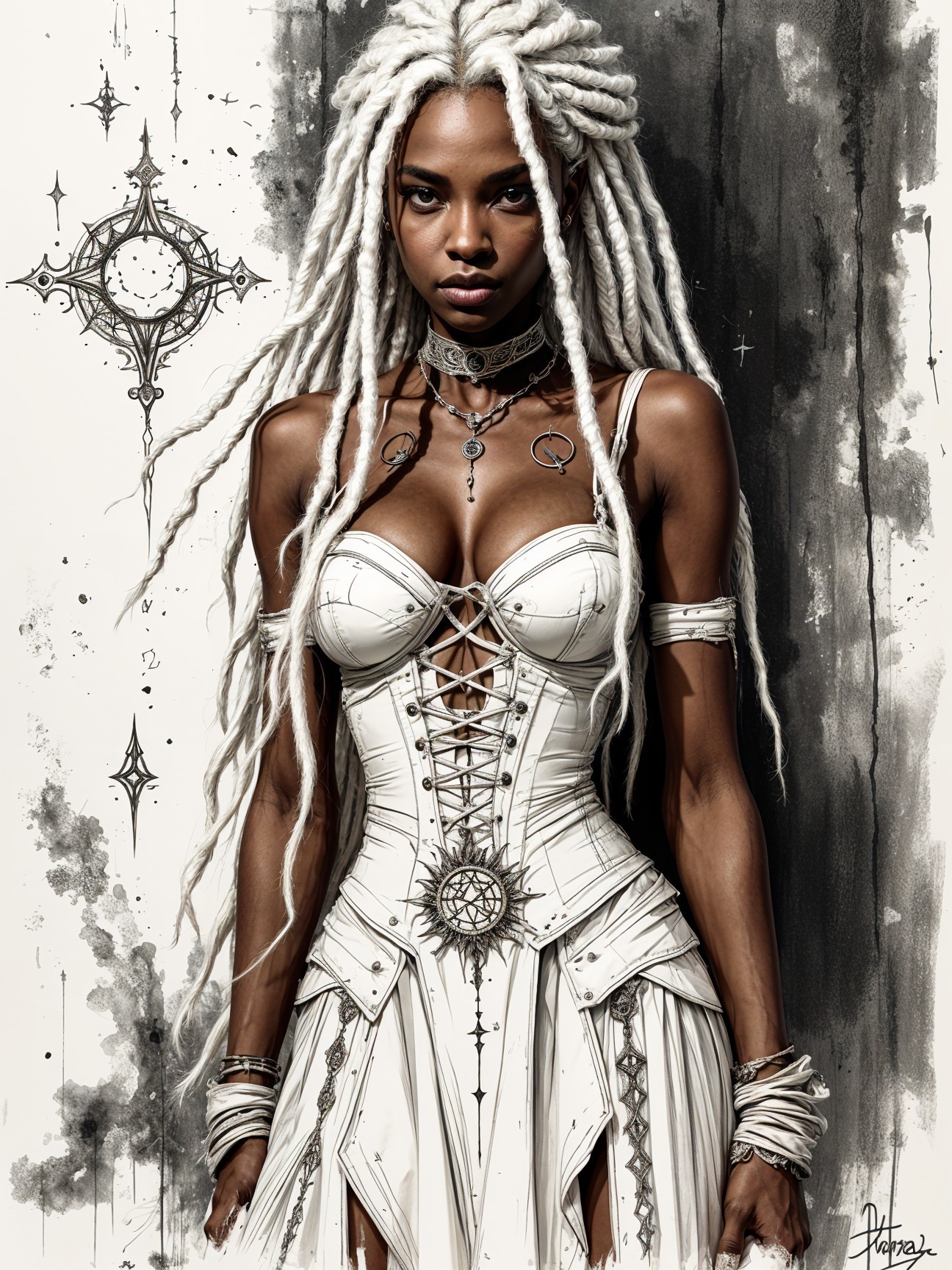 Woman with White Dreadlocks in Mystical Setting