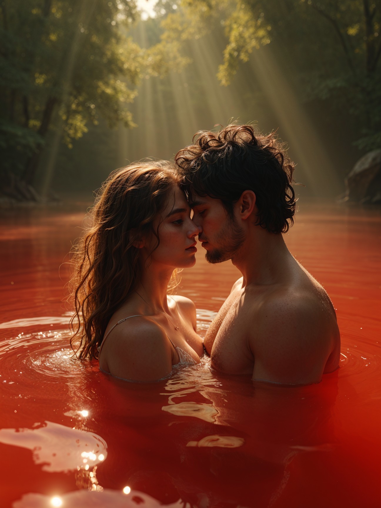 Couple Embraces in Red-Tinted Water Surrounded by Nature