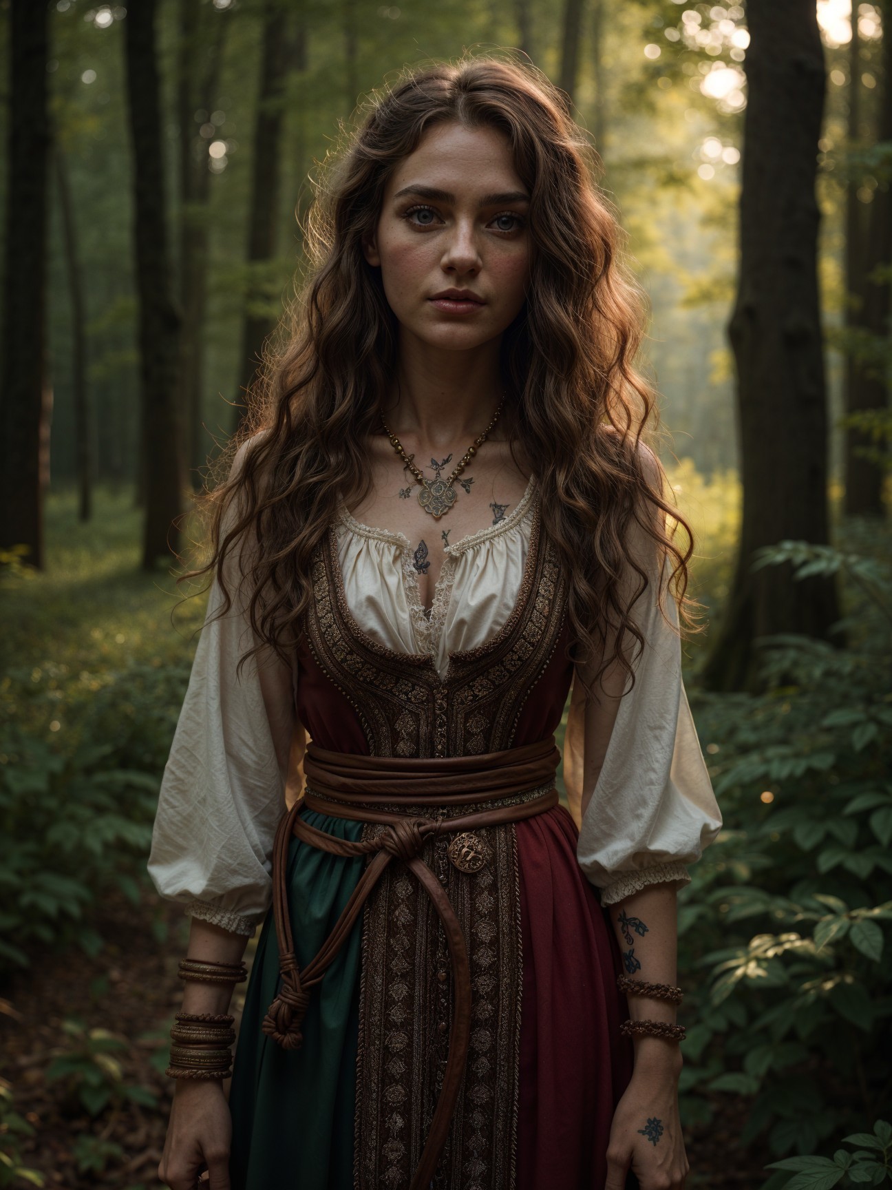 Woman in a detailed dress in a lush forest setting