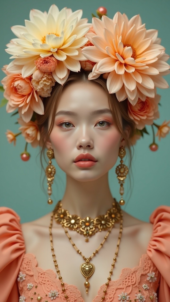 Portrait of a Young Woman in Floral Crown and Coral Gown