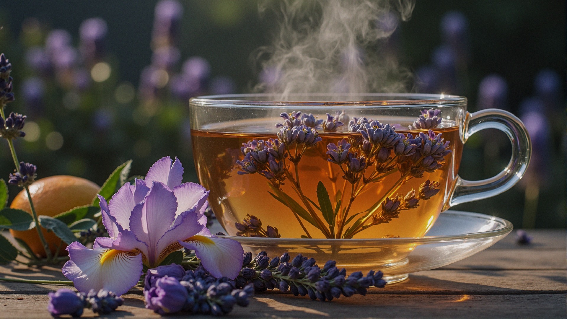 Glass Cup of Herbal Tea with Lavender and Iris Petals