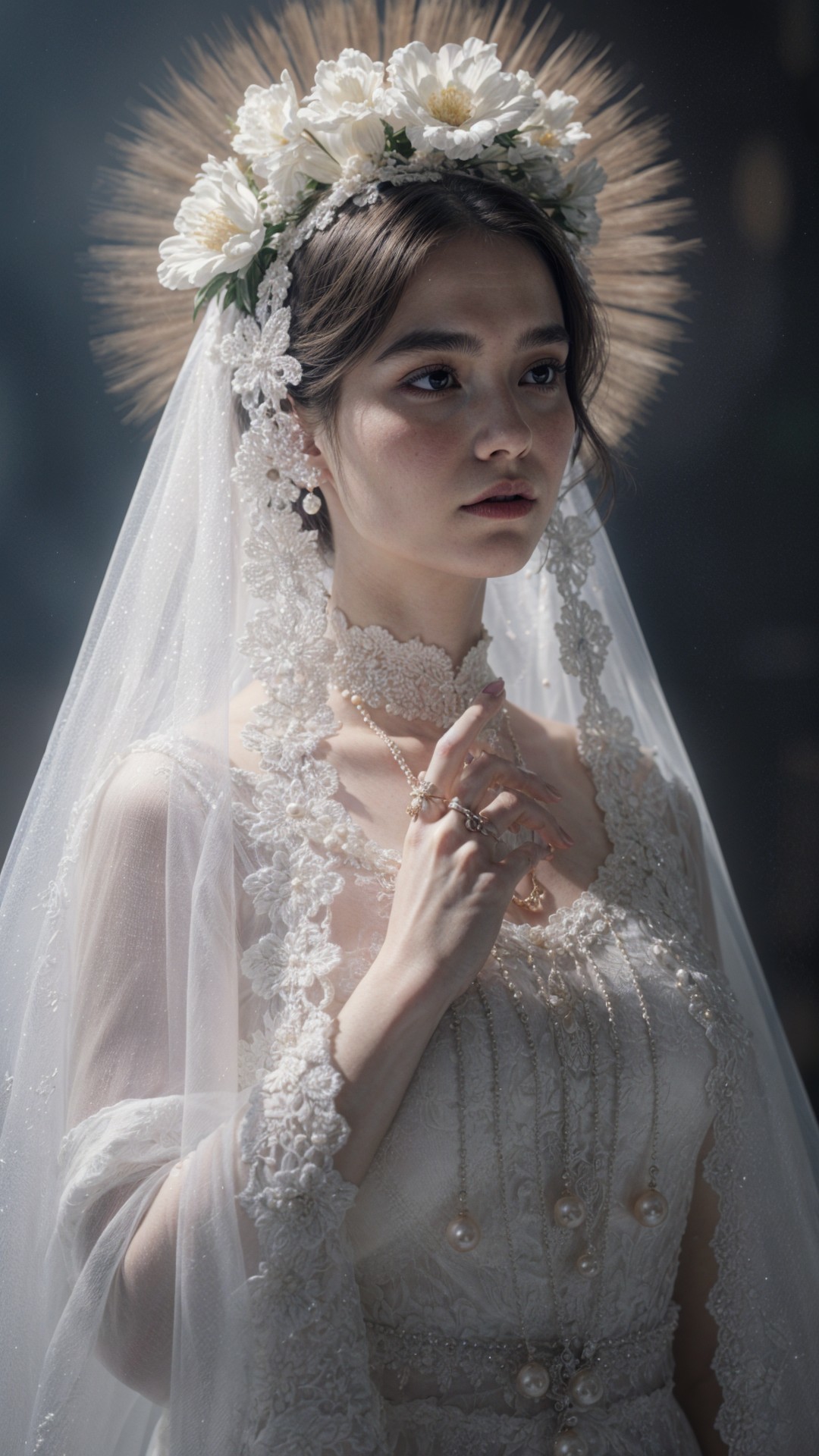 Young woman in white gown with lace and floral crown
