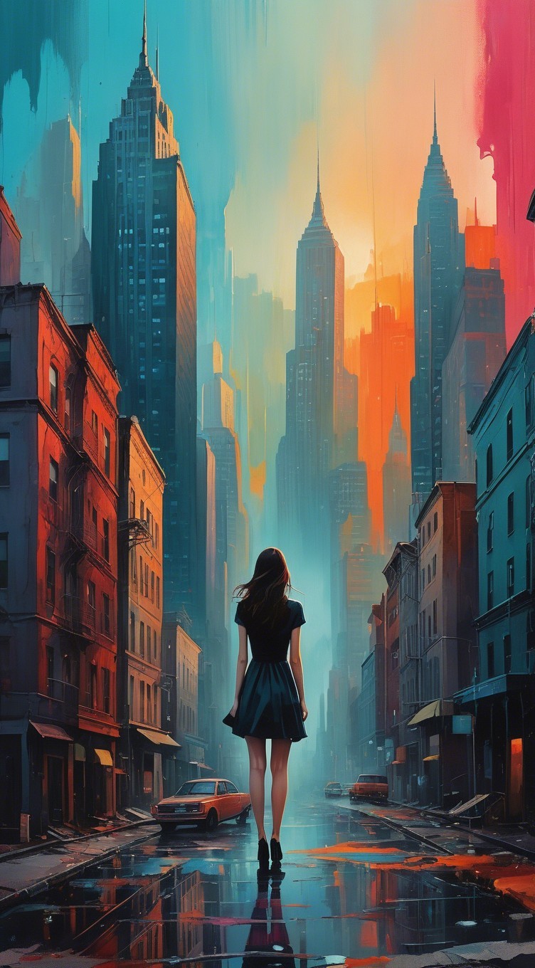 Young Woman in Vibrant Cityscape with Skyscrapers