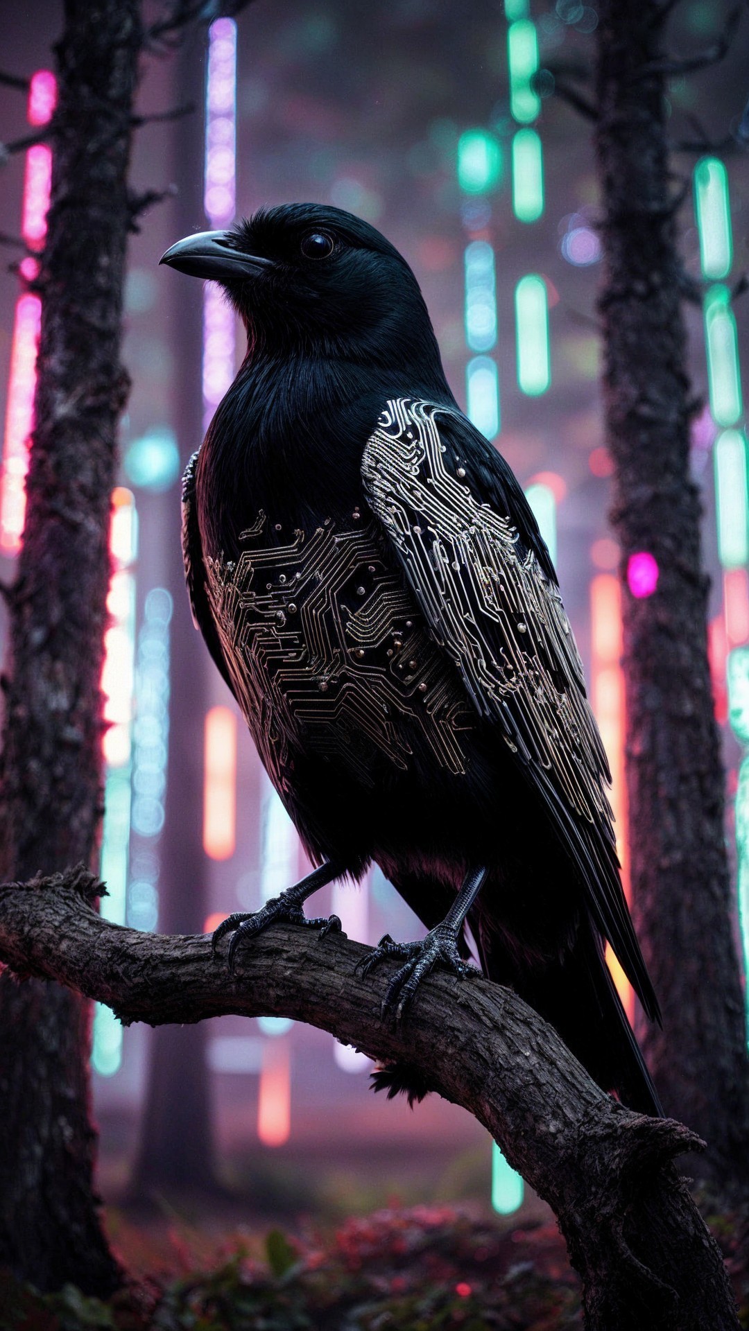 Black bird with circuitry wings in neon-lit forest