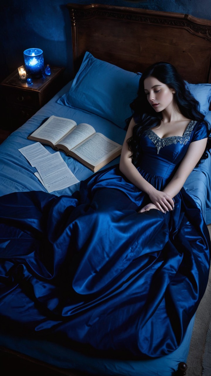 Young Woman in Blue Gown in Serene Room Setting